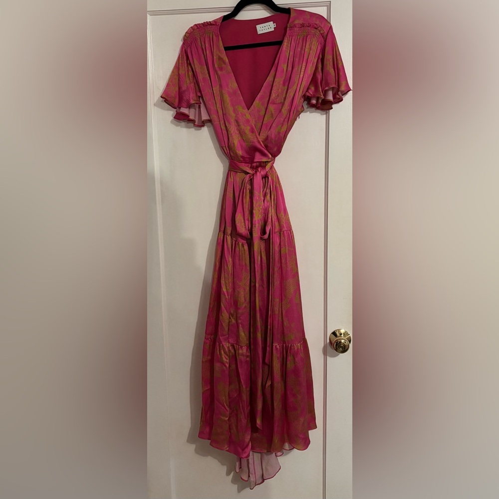 Tanya Taylor Pink and Lime Green Floral Maxi Wrap Dress
